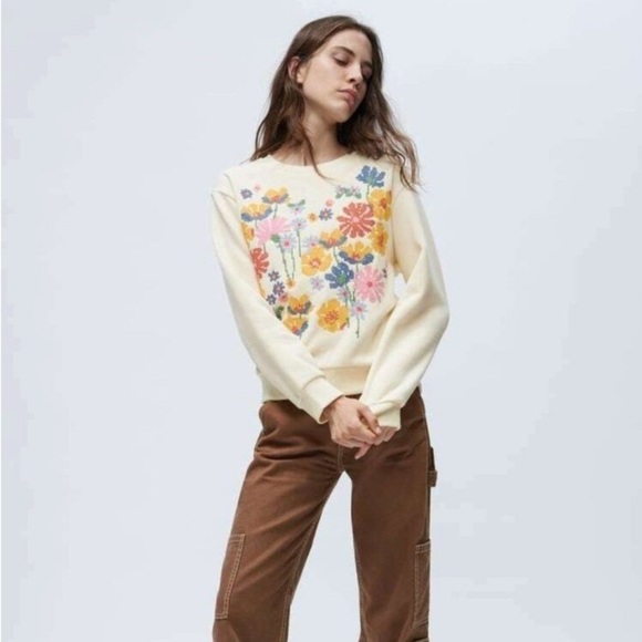 ZARA FLORAL EMBROIDERED Floral SWEATSHIRT Sz S Bloggers Favorite Winter Feminine - Picture 16 of 16